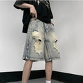 Blue retro tattered denim shorts with loose fit and American high street style
