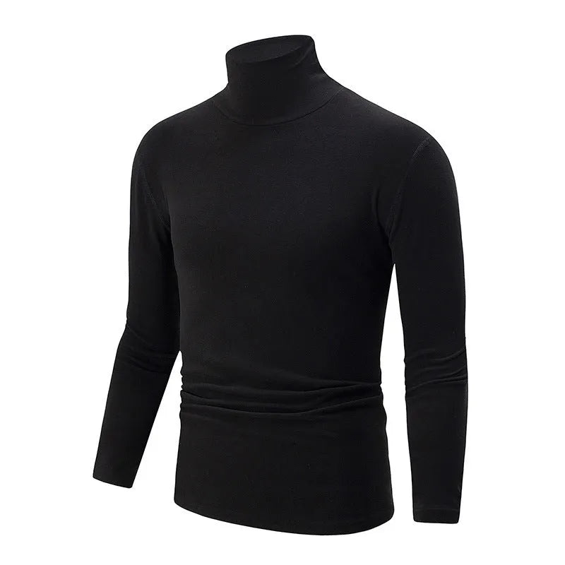 Men's solid colour high-neck polyester base layer top in black, long sleeves, thick fabric for winter warmth