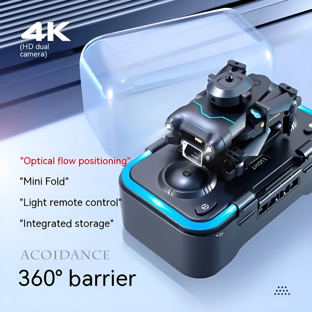 Black quadcopter drone with obstacle avoidance sensors and dual camera configuration for aerial photography