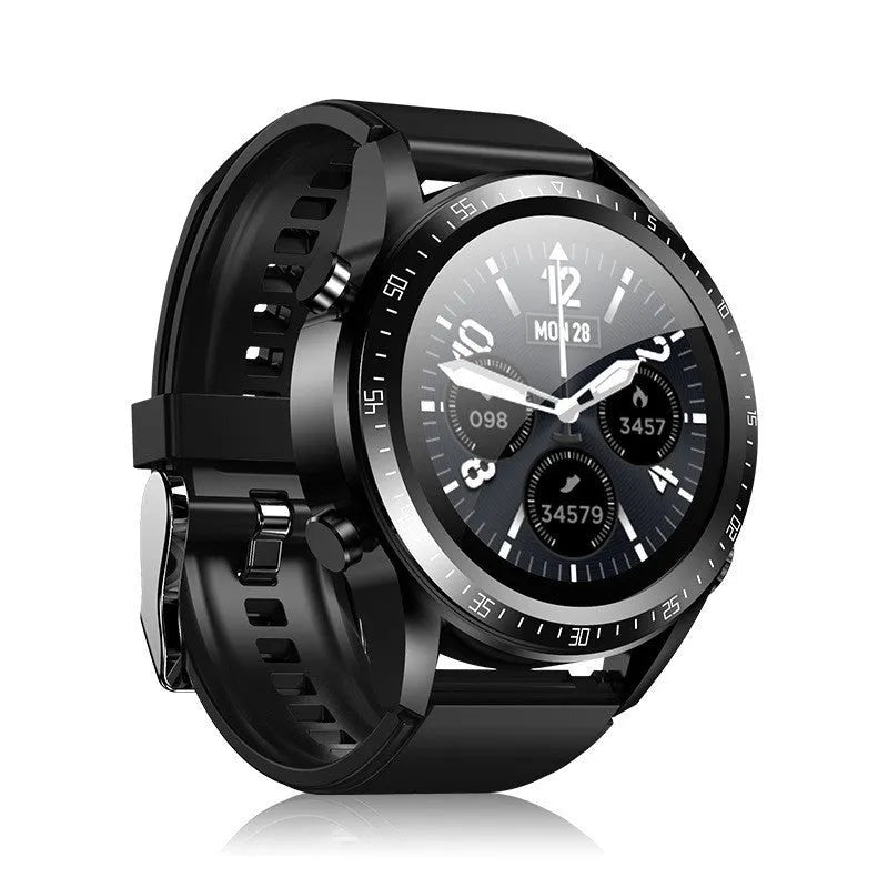 Black smart watch with silicone strap showing blood pressure and oxygen monitoring on its 1.28 inch screen