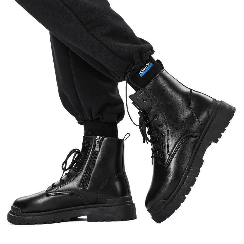 Men's black leather mid-top British-style tide boots with flat rubber soles