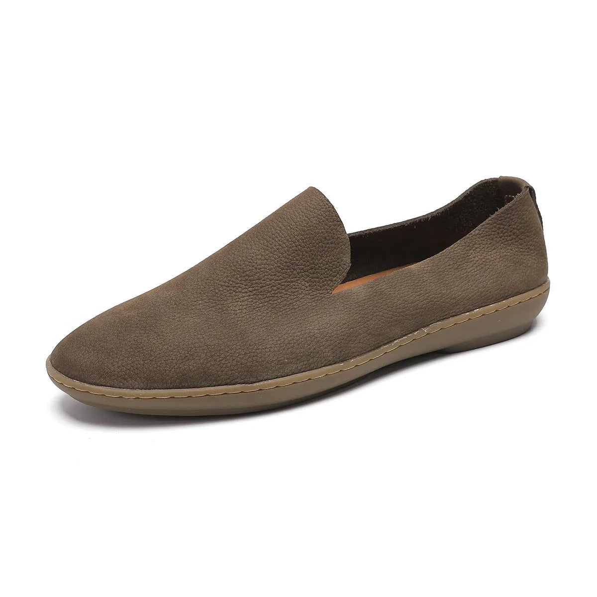Handmade men's low-top casual shoes in khaki and grey with wedge heel and rubber sole
