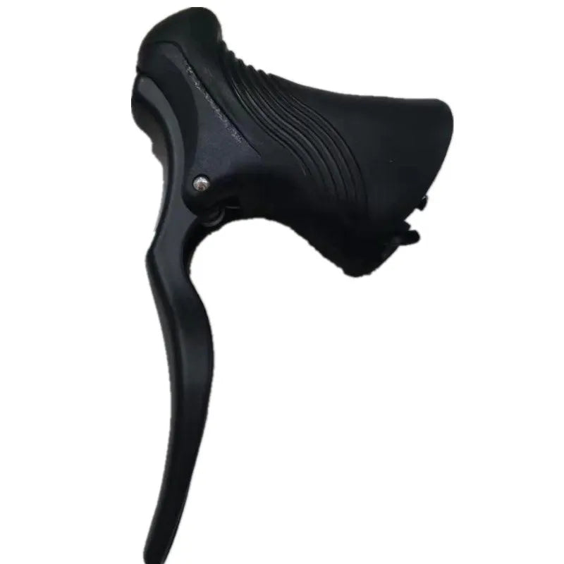 Pair of aluminium alloy road bike brake handles in black silver finish, showing clamp for handlebar.
