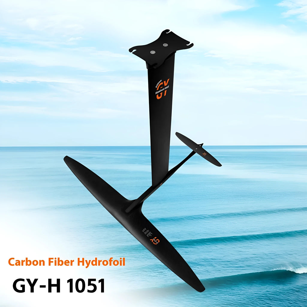 Black carbon fibre racing hydrofoil board with aluminium alloy construction and 1051mm front wing