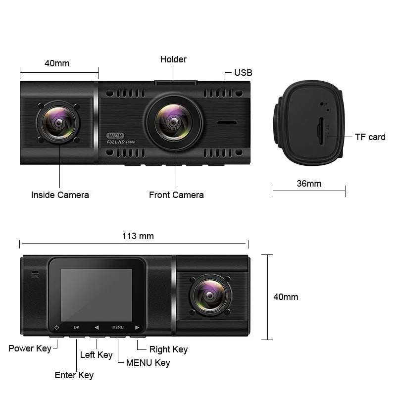 Standard black 1080p dashcam car camera with a 1.5-inch screen, shown with its car charger and mounting stand.