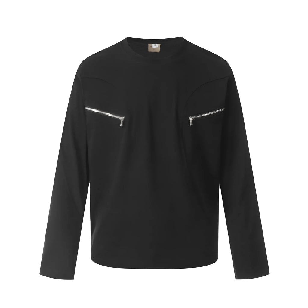 Men's loose fit black and grey cotton long sleeve casual T-shirt on a hanger.
