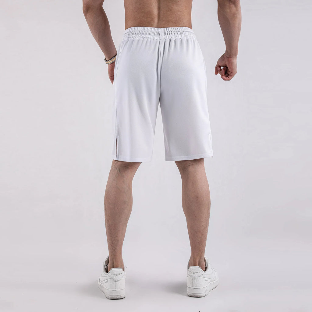 Men's black quick-drying mesh shorts with elastic waist and loose casual fit