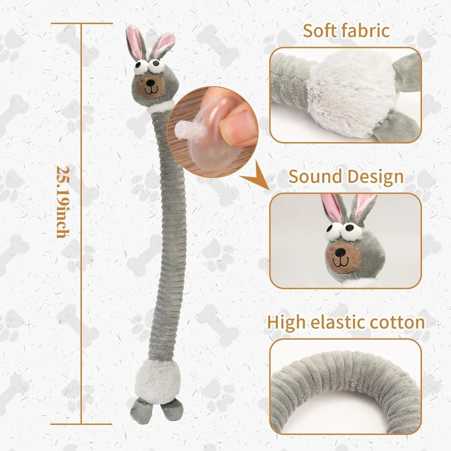 Brown, grey, and yellow plush squeaky dog toys with crinkle material for chewing.
