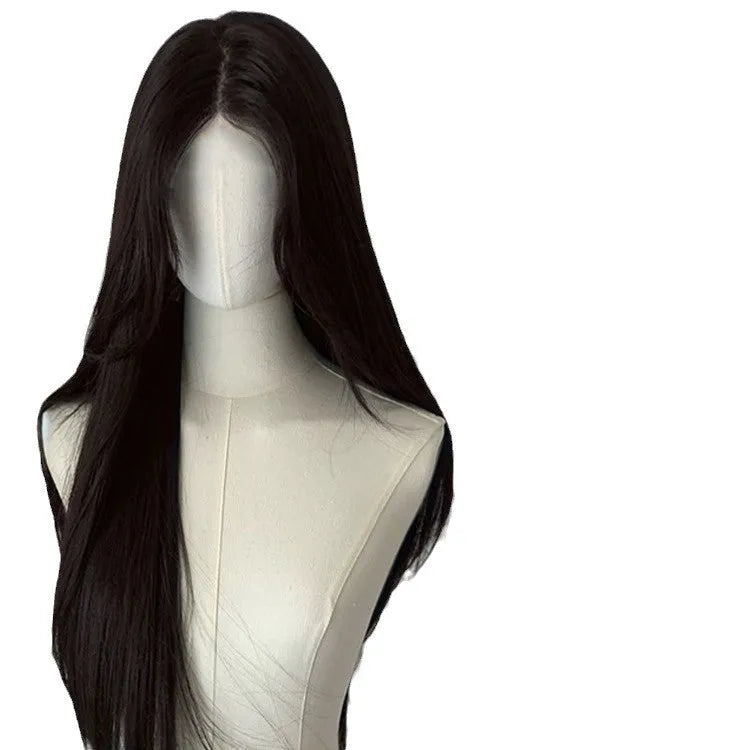 Long straight black synthetic wig with side bangs and forehead lace on a wig stand.