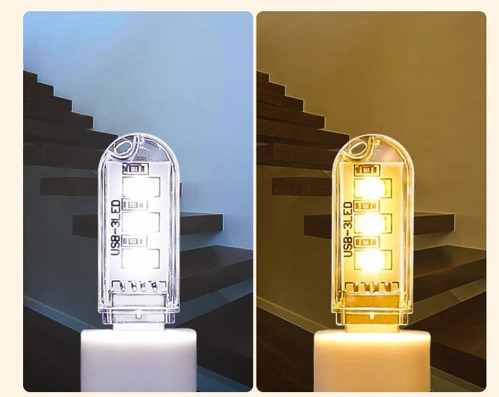 Compact white USB-powered LED baby night light with choice of warm or white light colour.