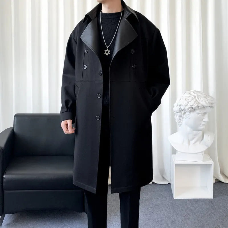 Men's solid colour loose fit youth trench coat in black, Korean winter style with patch pockets