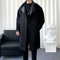 Men's solid colour loose fit youth trench coat in black, Korean winter style with patch pockets
