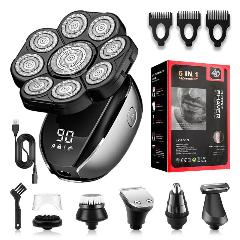 Black rechargeable 6-in-1 hair clipper and beard trimming kit with multiple attachments laid out.