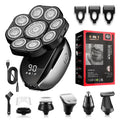 Black rechargeable 6-in-1 hair clipper and beard trimming kit with multiple attachments laid out.
