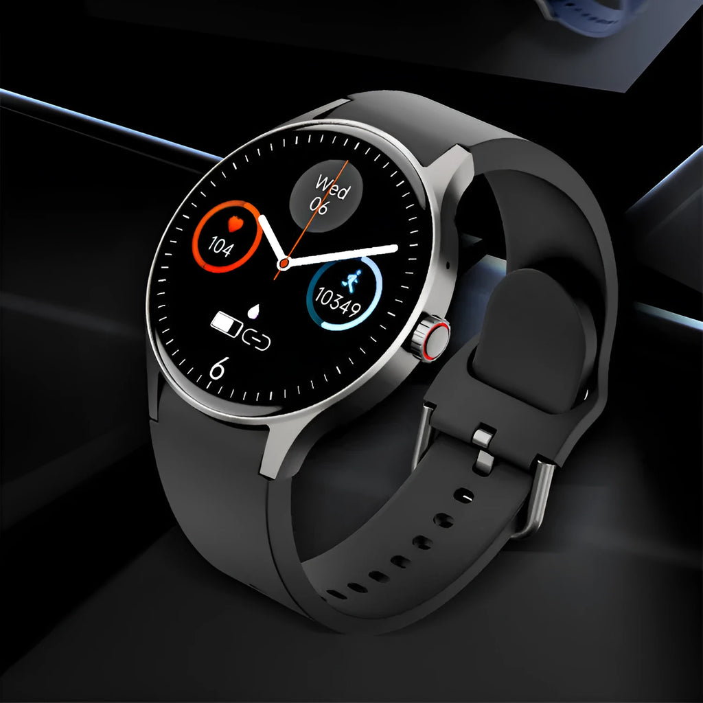 Black smart sport watch with a round touchscreen on a wrist, showing a fitness tracking interface.