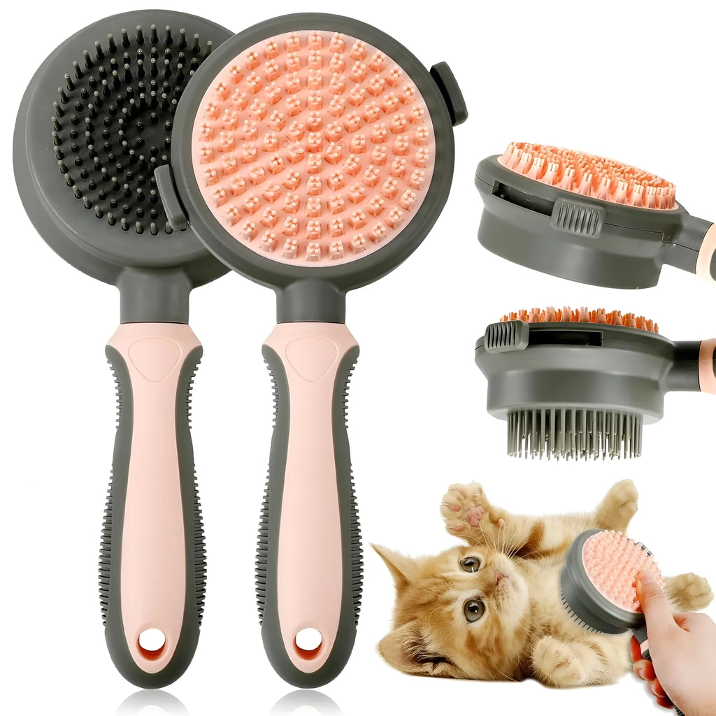 Double-sided cat brush with release button and flea comb in green or pink colours