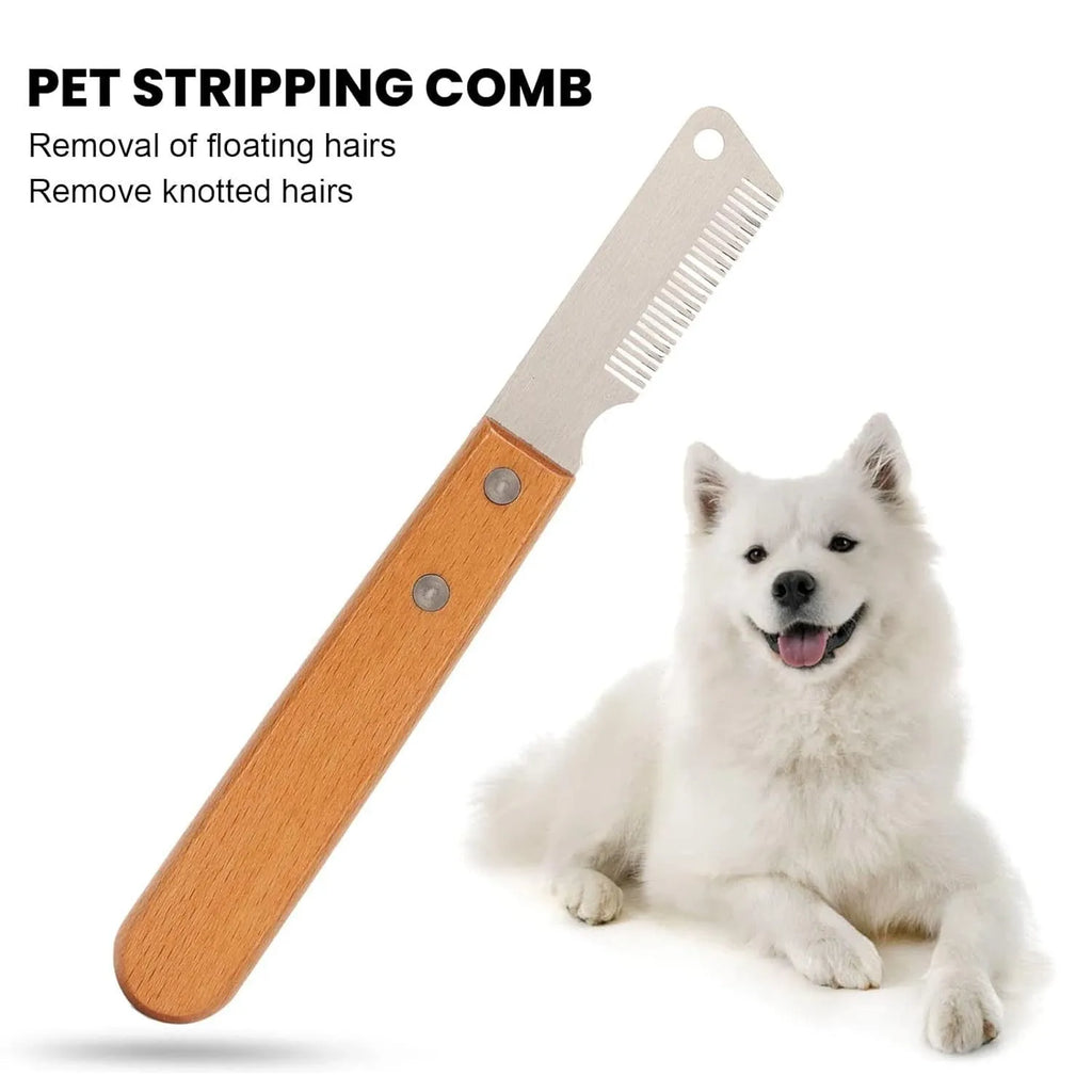 Wooden handled pet stripping comb grooming tool for dogs and cats on a table.