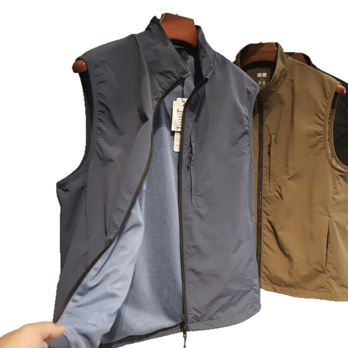 Men's retro nylon cardigan vest in Army Green with side seam pockets