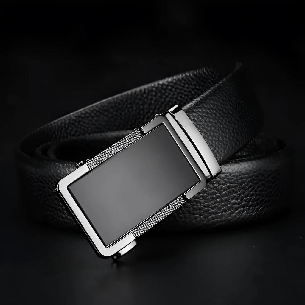 Men's leather belt with automatic comfort click buckle in gun black, silver, or gold finish