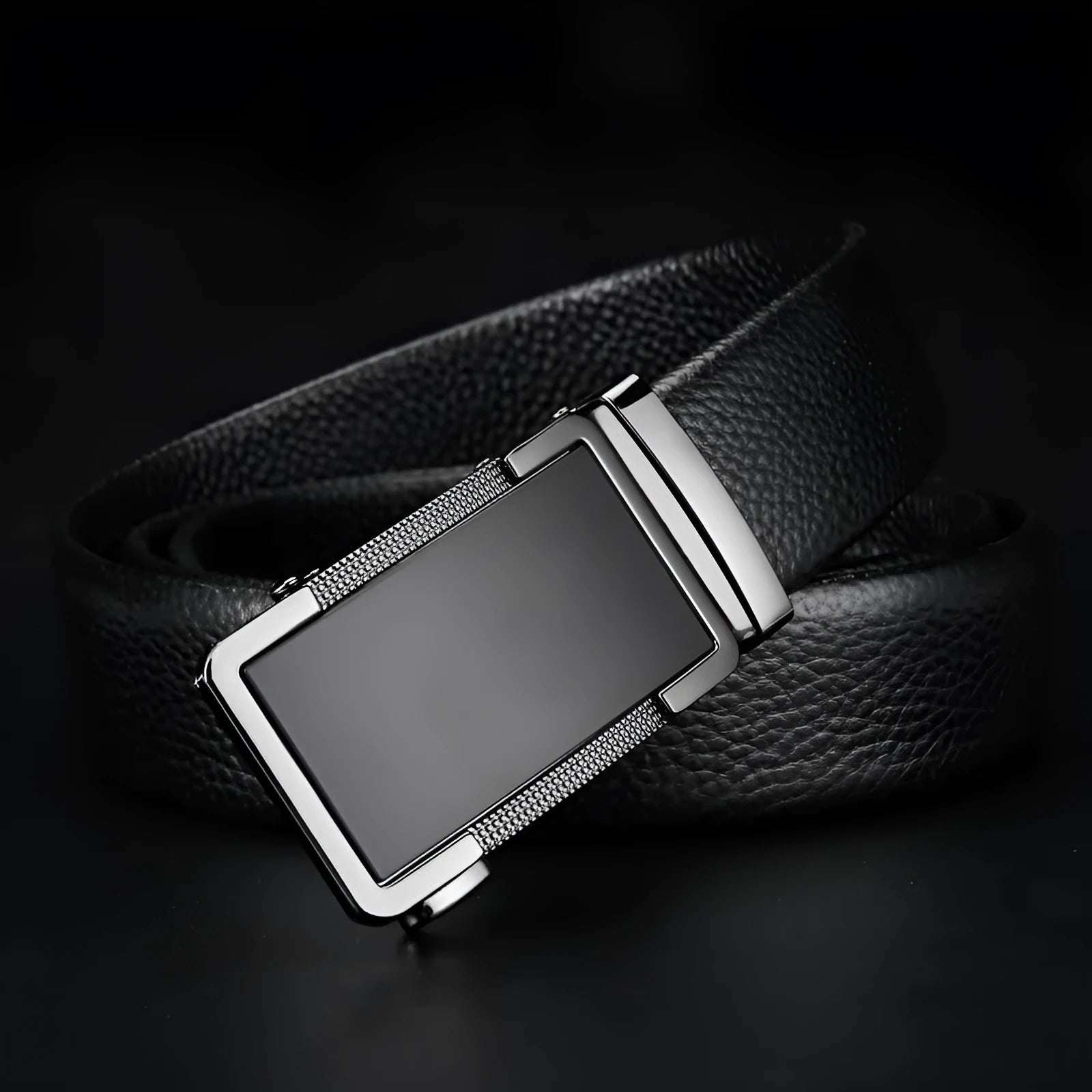 Men's leather belt with automatic comfort click buckle in gun black, silver, or gold finish