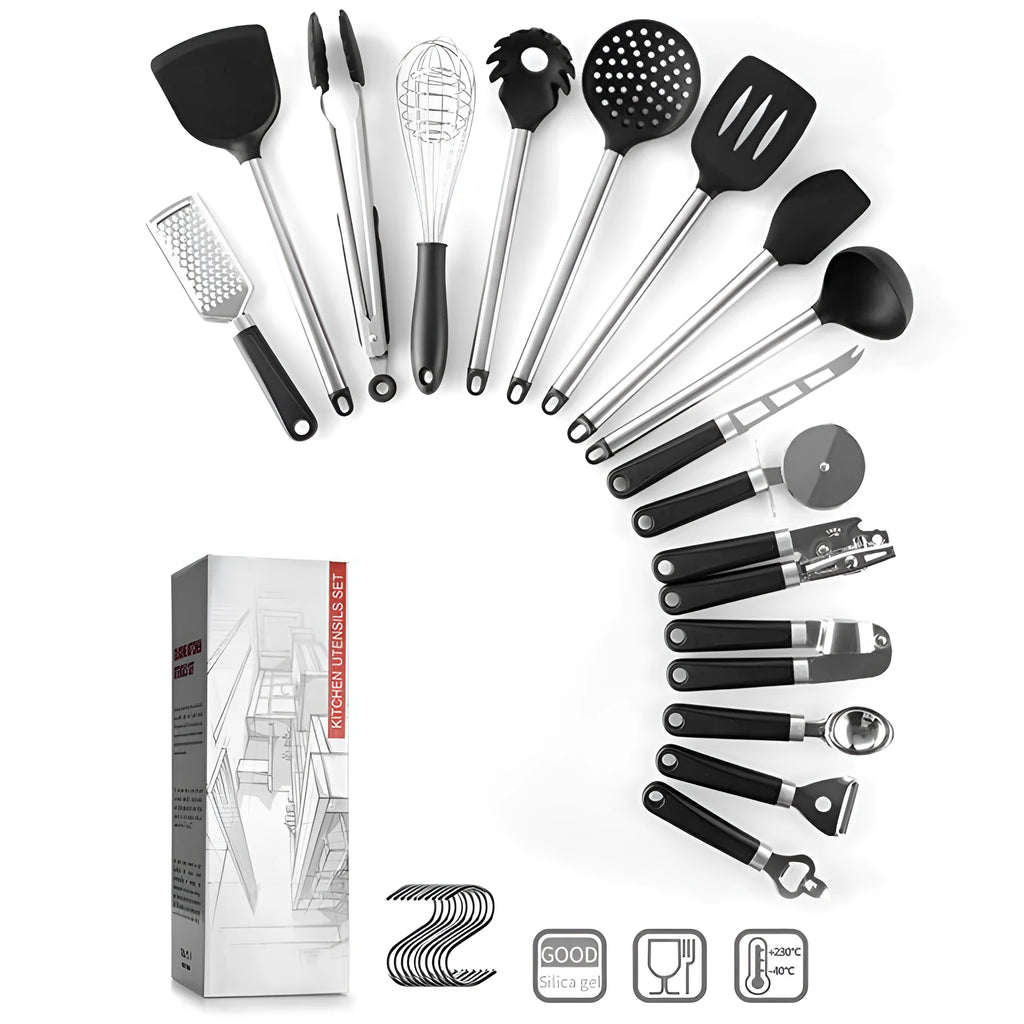 Black silicone kitchen utensil set with stainless steel handles, 16 pieces