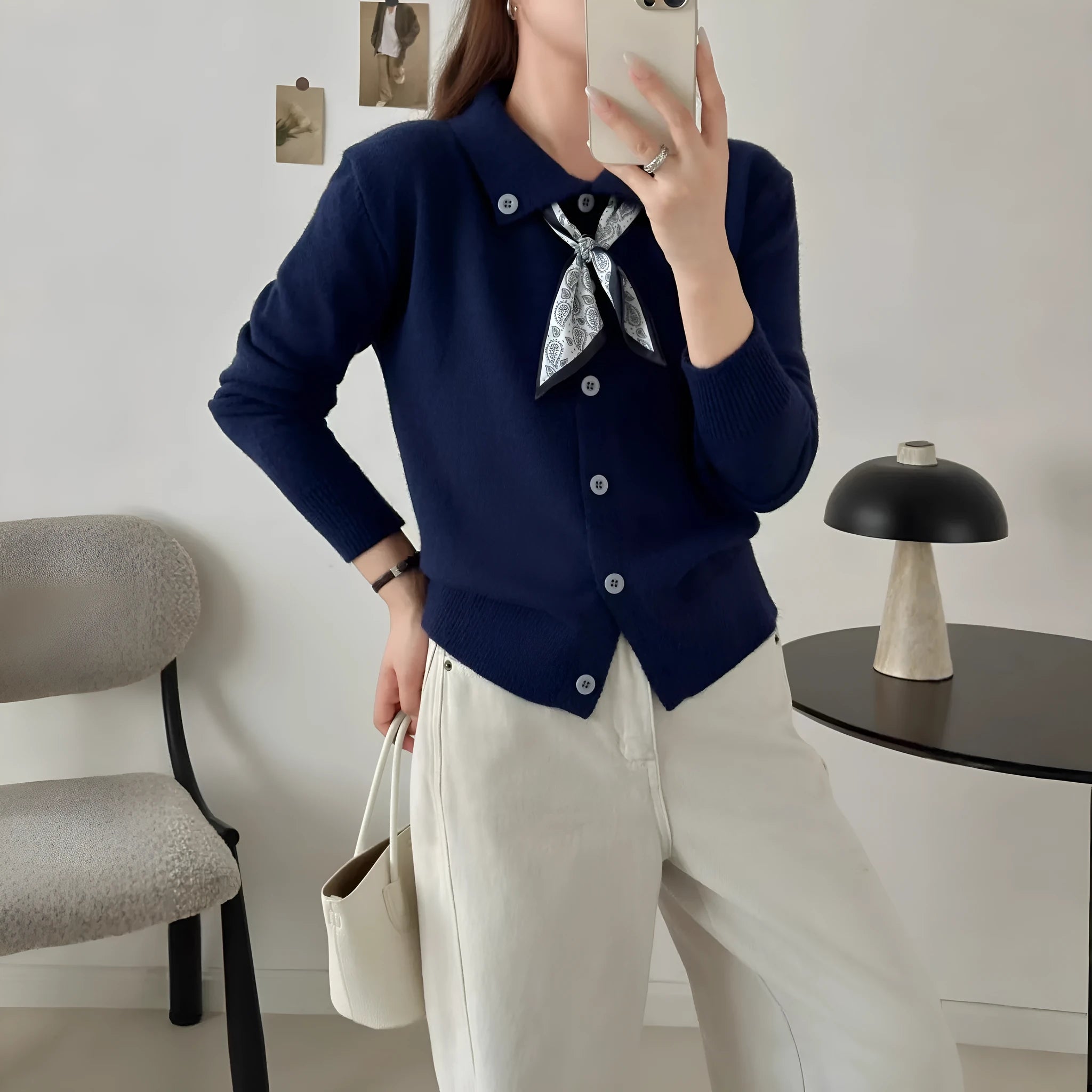 Women's lapel scarf cardigan sweater in acrylic fibre with splicing detail, free size