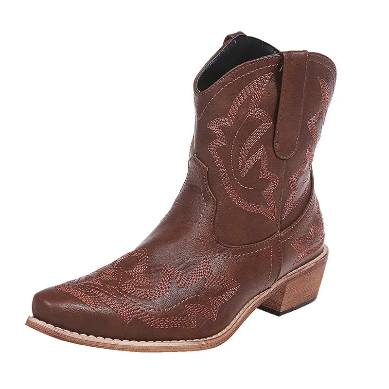 Blue women's cowboy boots with embroidery, a low wedge heel, and a pointed toe.