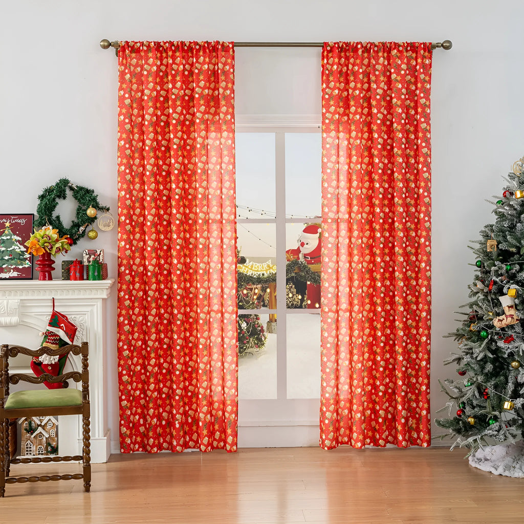 Red Christmas curtain with printed snowman and angel cartoon figures, 1 metre length