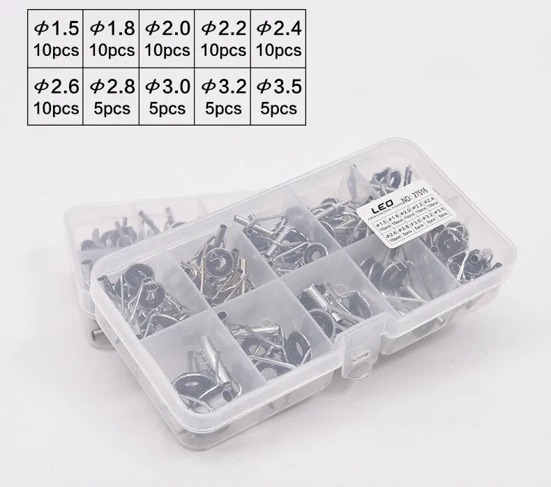Boxed 80pcs alloy sea fishing rod guide ring set in plastic grid box
