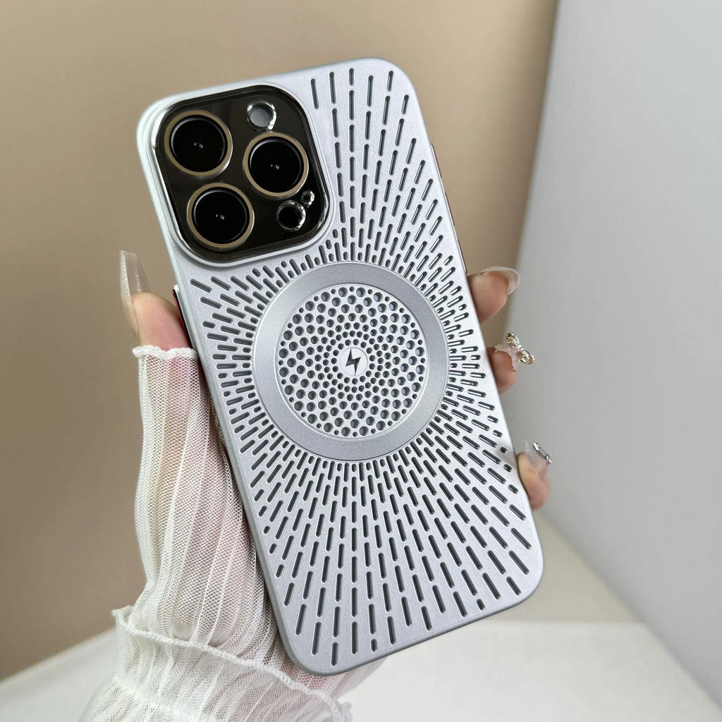 Hollow PC phone case with heat dissipation network and magnetic charging for iPhone, in platinum silver