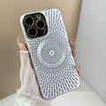 Hollow PC phone case with heat dissipation network and magnetic charging for iPhone, in platinum silver