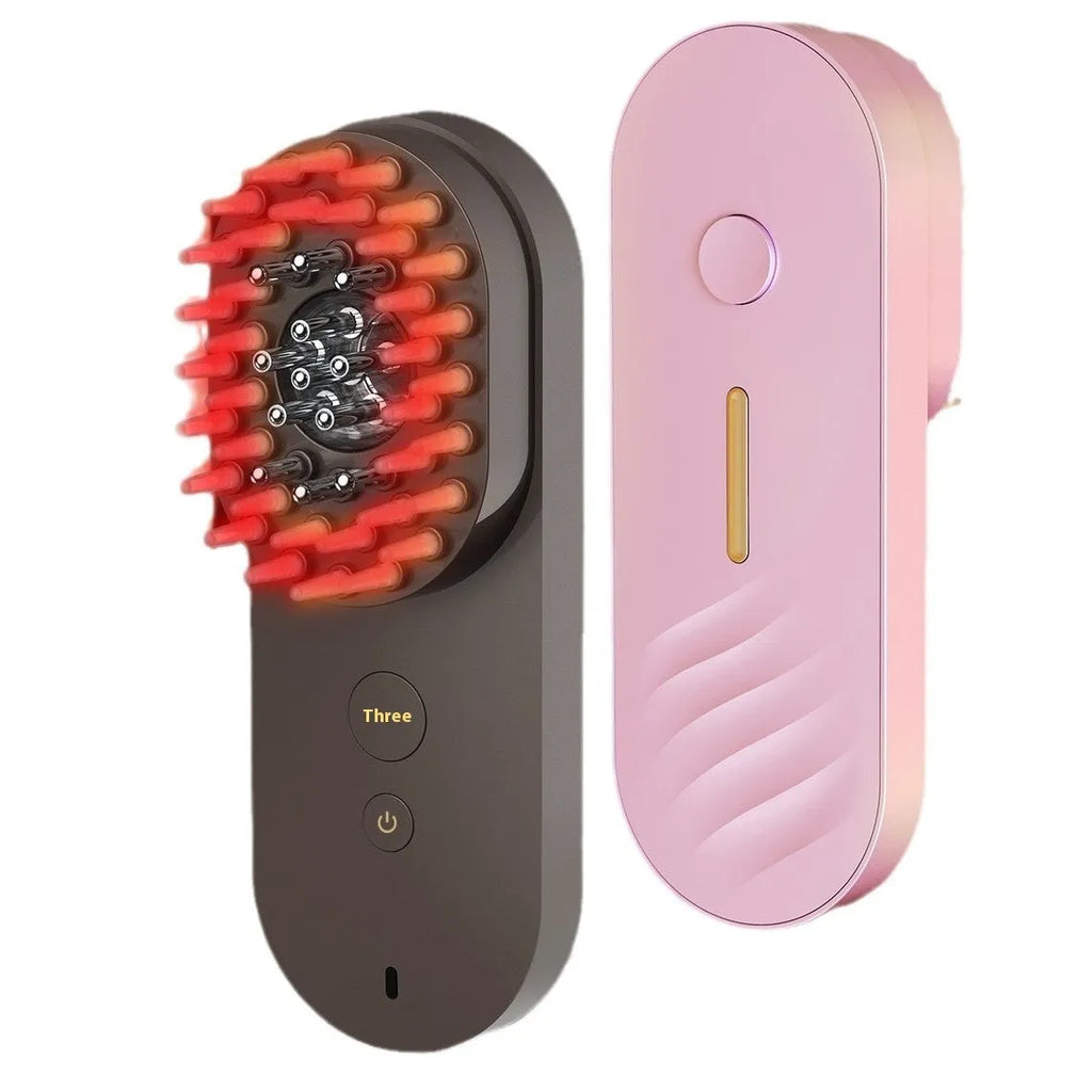 Pink and black smart massage comb for scalp care with red light therapy, shown next to a ruler under 10cm.