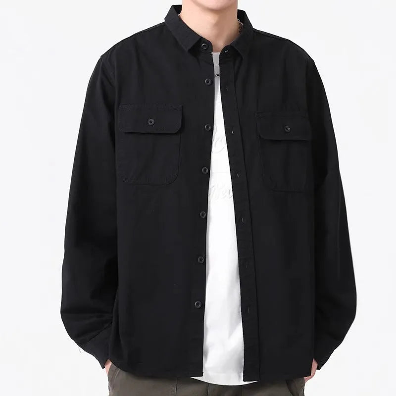 A man's loose-fitting long sleeve cardigan shirt in light grey, black, khaki, or green.