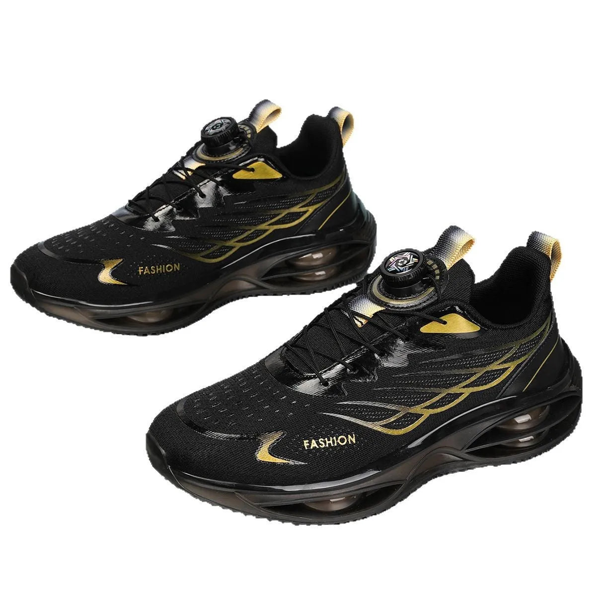 Casual breathable sneakers in black gold, featuring a PU mesh upper, rubber sole, and round toe lace-up design.