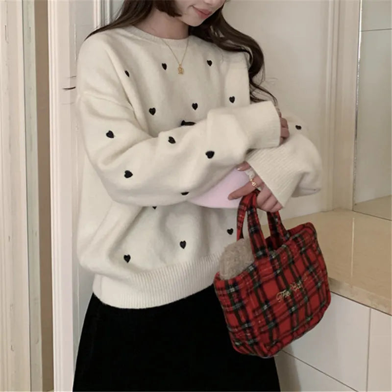 Women's loose fit embroidered pullover sweater in milky white, gray, or pink colour