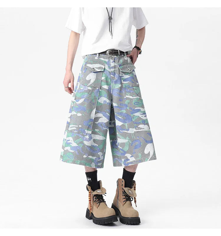 Men's camouflage colour cotton denim cropped workwear trousers with a straight leg and zipper fly.