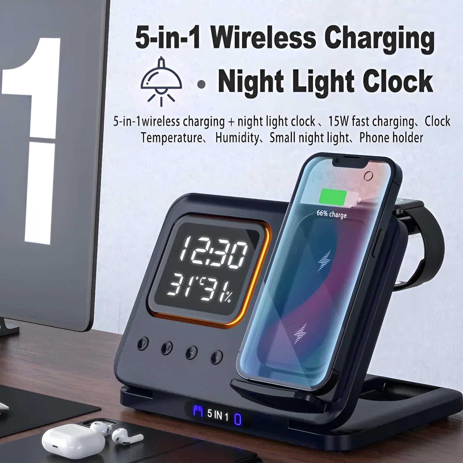 Black 15W wireless charging dock with phone, Apple Watch, and headphones on charging pads, showing LED digital clock display.