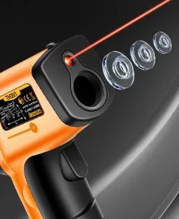 High precision infrared thermometer for industrial use, handheld device in black and orange