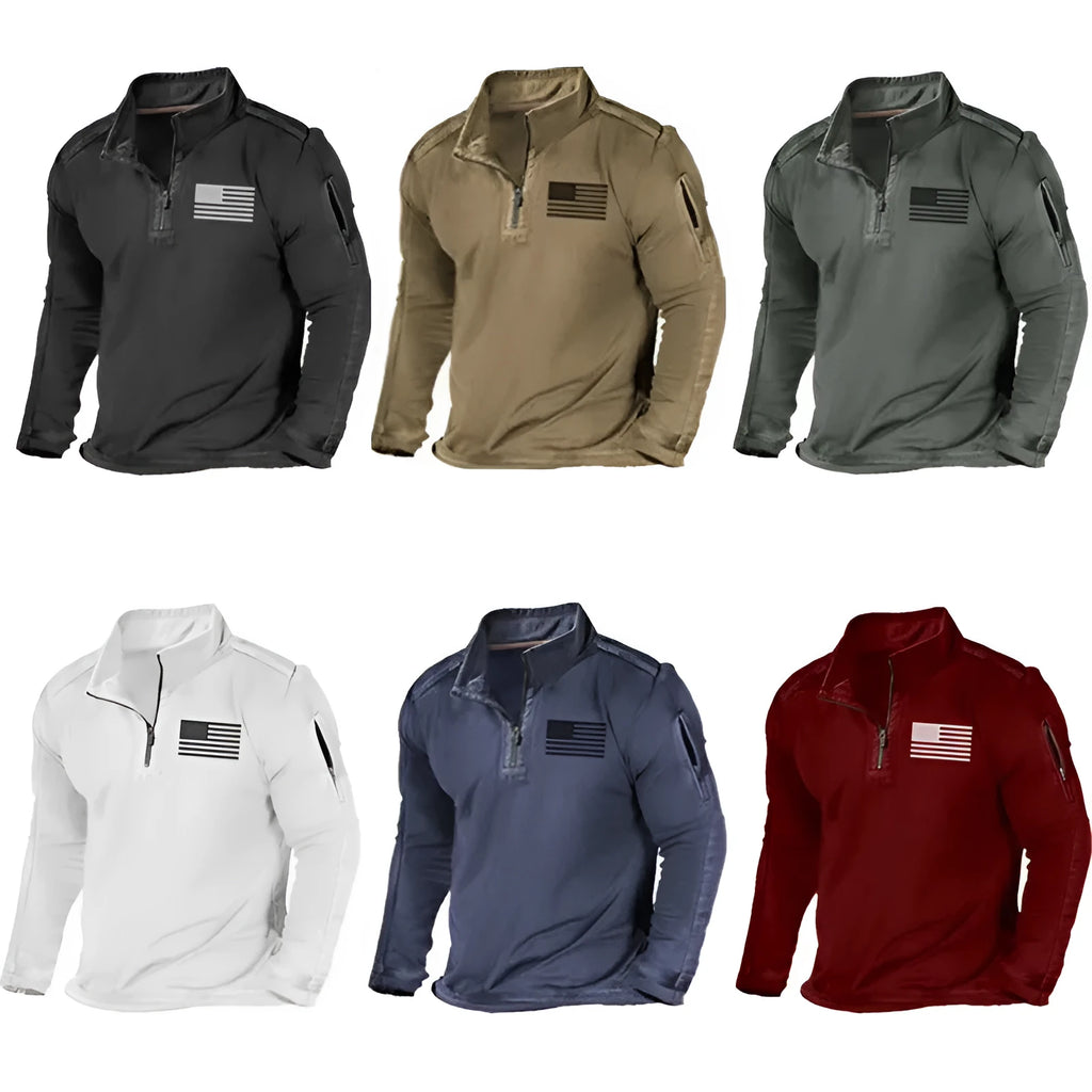 Men's dark coloured zip-front sweater with a stand collar and long sleeves.