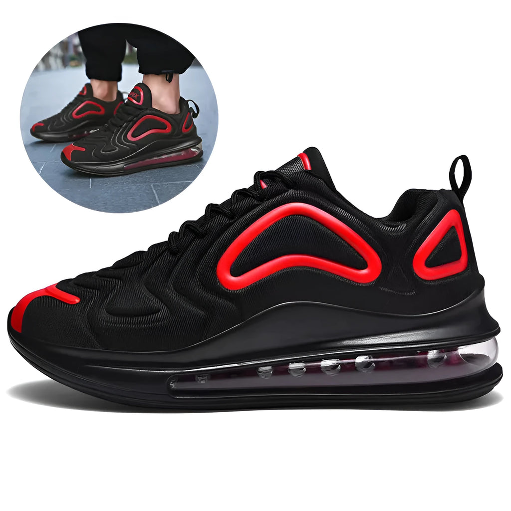 Men's black casual sneakers with lace-up front, thick sole, and round toe for running and outdoor sports.