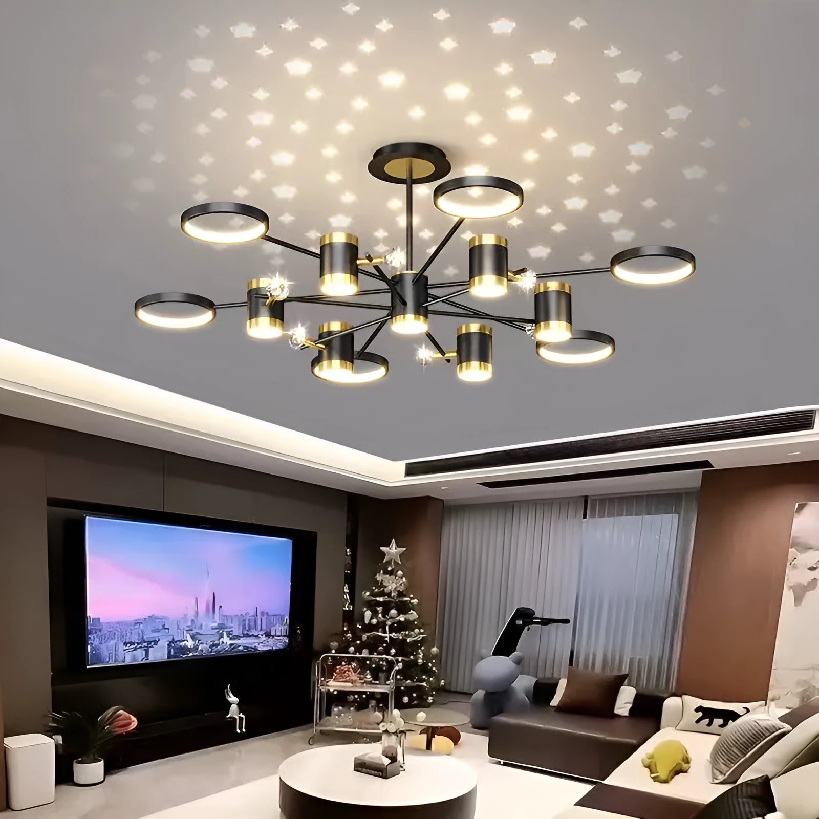 Black iron pendant lamp with 13 light heads in circular 1000mm diameter frame