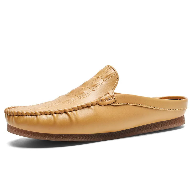 Men's black breathable semi-slippers with an artificial PU upper and rubber sole on a white background.