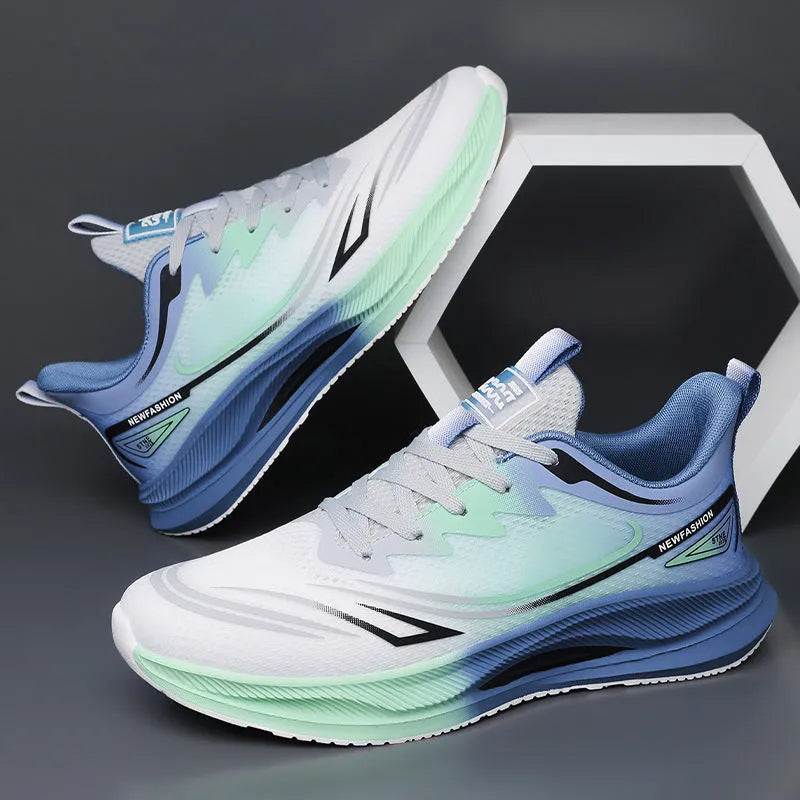 Men's low-top casual trainers with woven mesh upper and rubber sole in black, blue-grey, and green-grey colours.