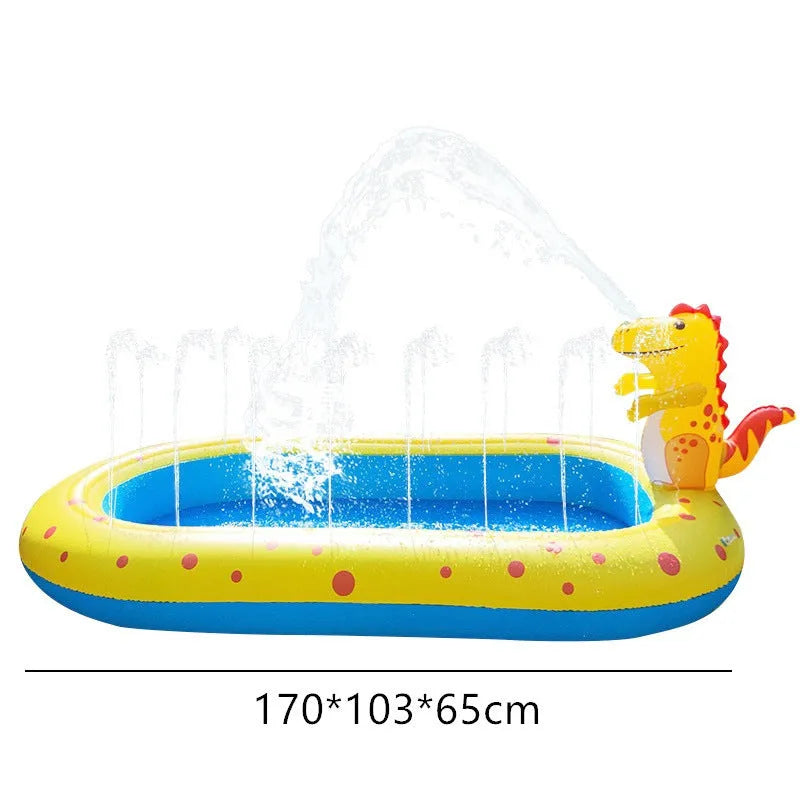 Blue inflatable dinosaur-shaped pool with water spray feature, shown in a garden setting.
