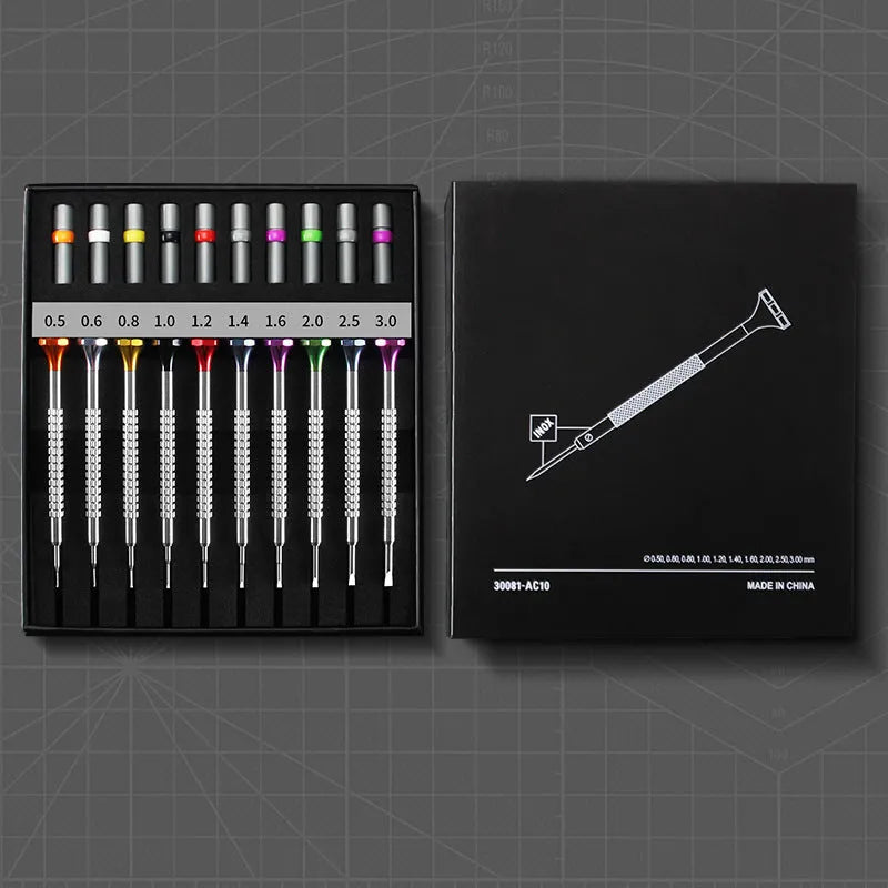 Watch repair screwdriver set with 10 tools and 20 spare bits in organised box