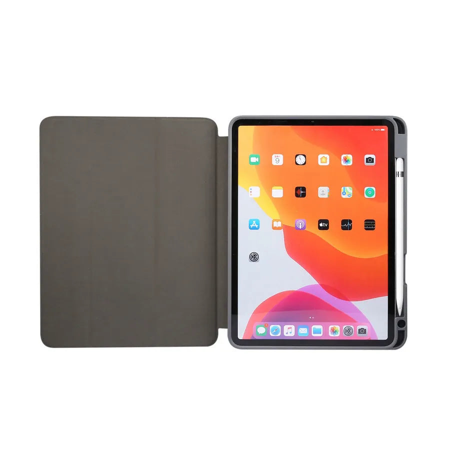 iPad tri-fold leather case with marbling design showing built-in Apple Pencil slot and plane housing construction
