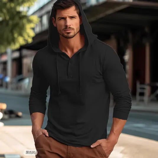 Men's cotton pullover hoodie in dark blue, shown in a European size, with long sleeves.