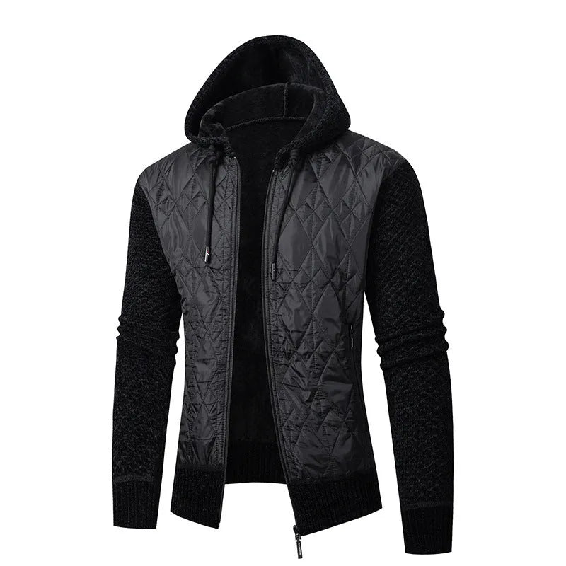 Men's grey corduroy hooded sweater coat with a cinched waist, shown front view.
