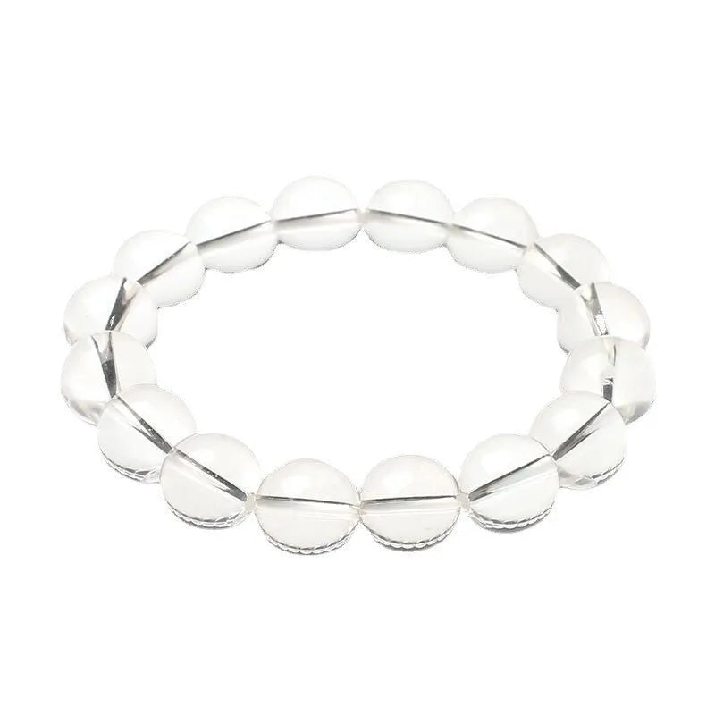 Natural Donghai Old Mine white crystal round bead bracelet on a wrist, showing geometric single circle design.