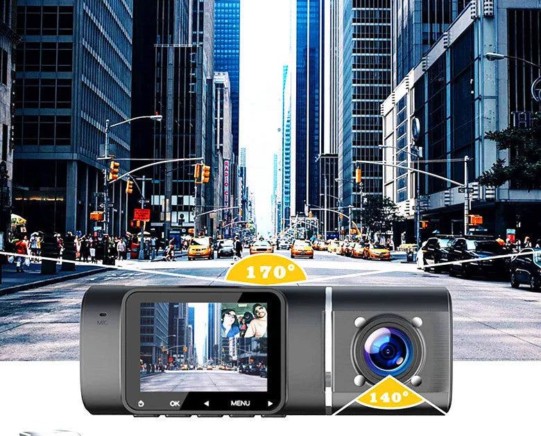 Standard black 1080p dashcam car camera with a 1.5-inch screen, shown with its car charger and mounting stand.